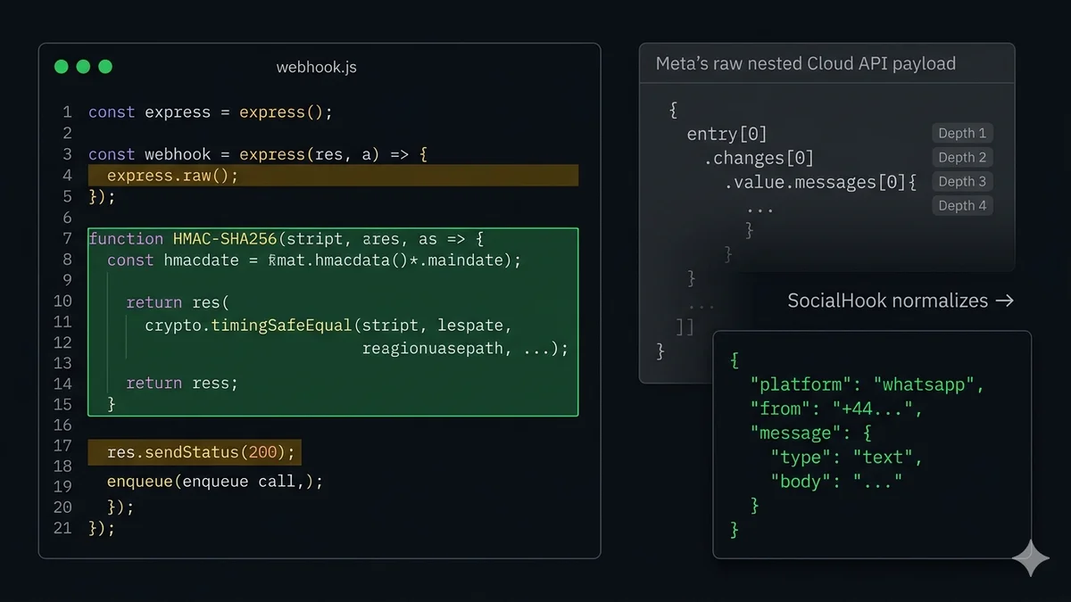 Dark terminal split-screen showing Node.js webhook handler with HMAC-SHA256 verification on left and incoming WhatsApp JSON payload on right