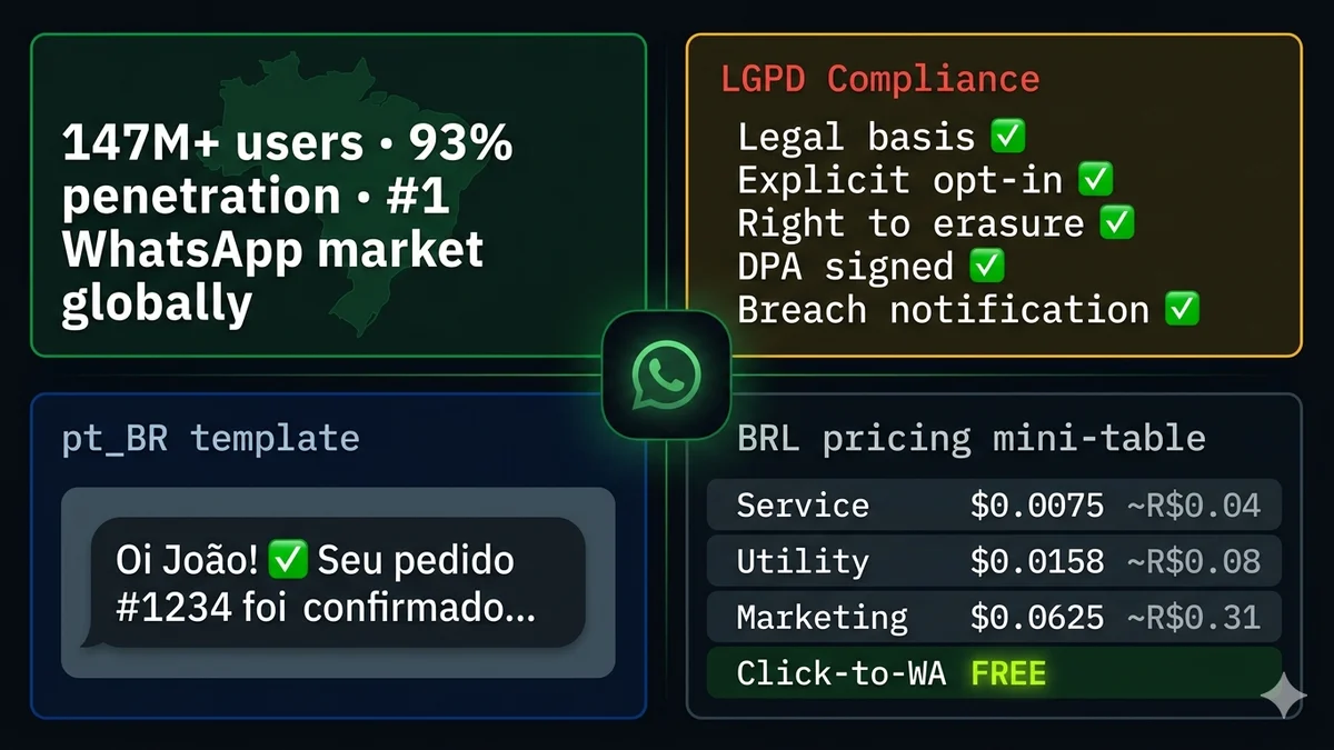 WhatsApp Business API in Brazil — LGPD compliance checklist, PT-BR template examples, BRL pricing table, AWS São Paulo webhook hosting diagram