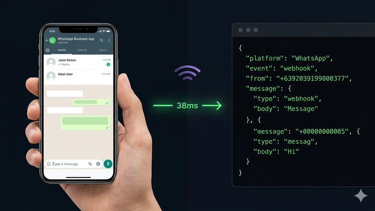 Side-by-side comparison of WhatsApp Business App (mobile interface) and WhatsApp Business API (JSON webhook payload) on dark background