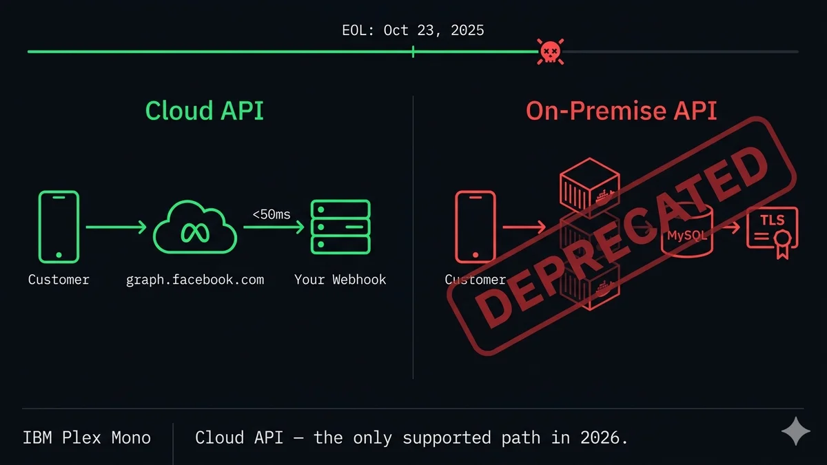 WhatsApp Cloud API architecture (Meta-hosted, instant webhook) vs On-Premise API (deprecated Docker containers) side-by-side on dark background